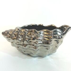 Sea Shell Shaped Ceramic Planter Vase Silver Tone Decor Nut Candy Bowl Coastal